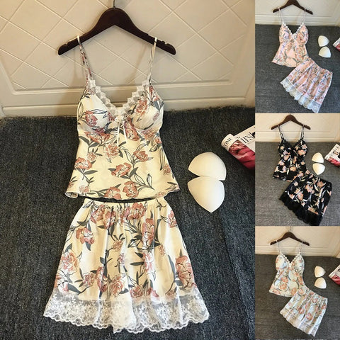 Pajamas Sets Sleepwear 2PCs Satin Lace Sleeveless Sexy Pajamas  CODE: KAR605