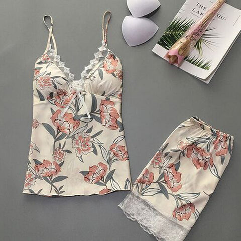 Pajamas Sets Sleepwear 2PCs Satin Lace Sleeveless Sexy Pajamas  CODE: KAR605