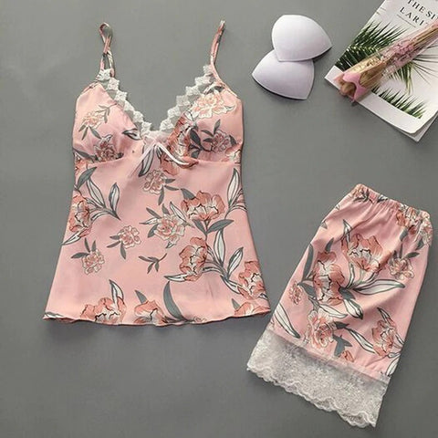 Pajamas Sets Sleepwear 2PCs Satin Lace Sleeveless Sexy Pajamas  CODE: KAR605