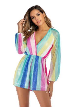 Playsuit Sexy Sequin V Neck Long Sleeve Jumpsuit CODE: KAR792