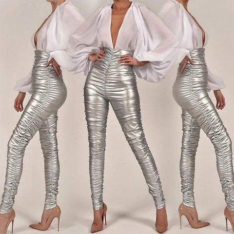High Waist Pants Bodycon Silver Causal Pencil Pants CODE: KAR810