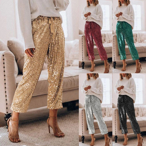 Gold Sequin Shiny Wide Beam Leg Pants  CODE: KAR846