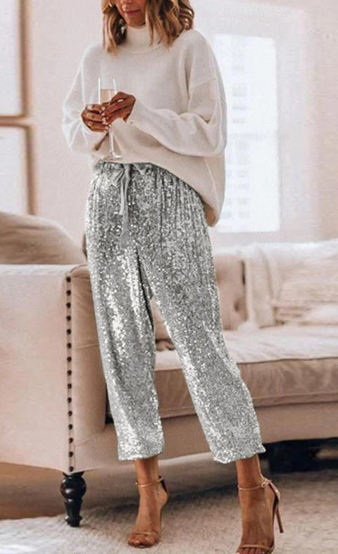 Gold Sequin Shiny Wide Beam Leg Pants  CODE: KAR846