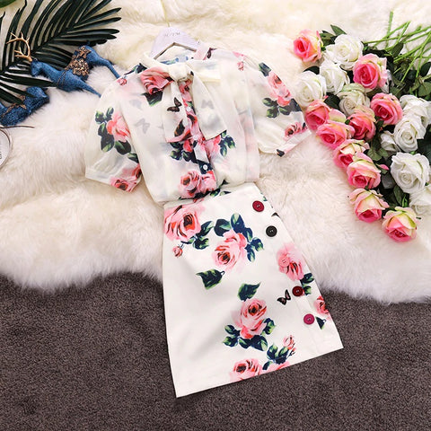 chiffon shirt + High Waist button sheath skirt suits female two piece sets CODE: KAR905