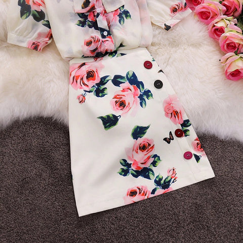 chiffon shirt + High Waist button sheath skirt suits female two piece sets CODE: KAR905