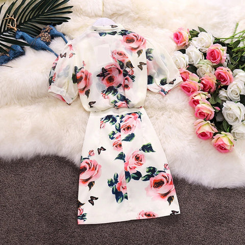 chiffon shirt + High Waist button sheath skirt suits female two piece sets CODE: KAR905