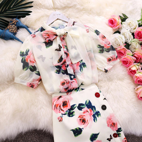 chiffon shirt + High Waist button sheath skirt suits female two piece sets CODE: KAR905