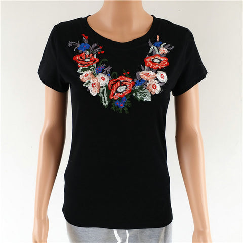 Flowers embroidered round neck Slim T-shirt Tee Top CODE: ready.547