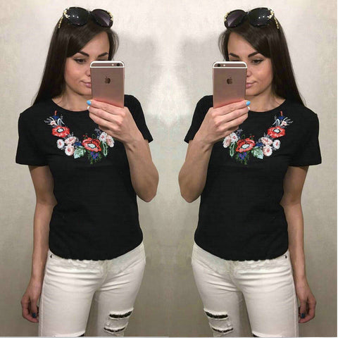 Flowers embroidered round neck Slim T-shirt Tee Top CODE: ready.547