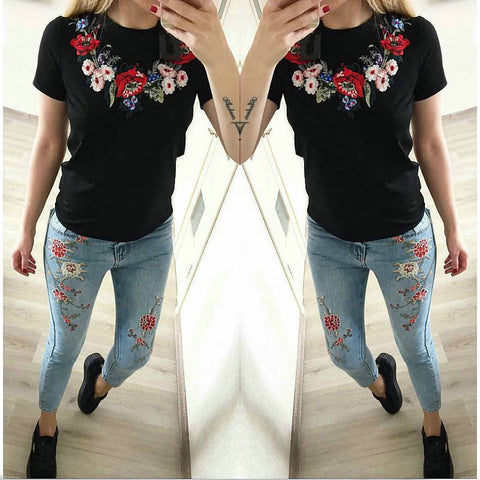 Flowers embroidered round neck Slim T-shirt Tee Top CODE: ready.547