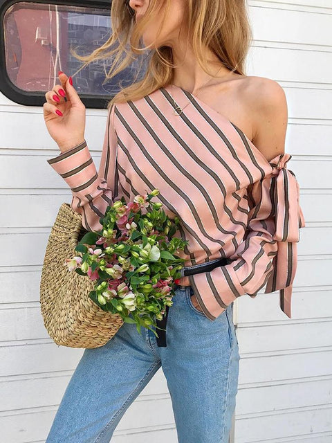 Striped One shoulder bow Top CODE: READY696