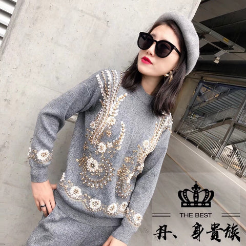 Heavy work beaded sequin embroidery  sweater pants suit CODE: READY708