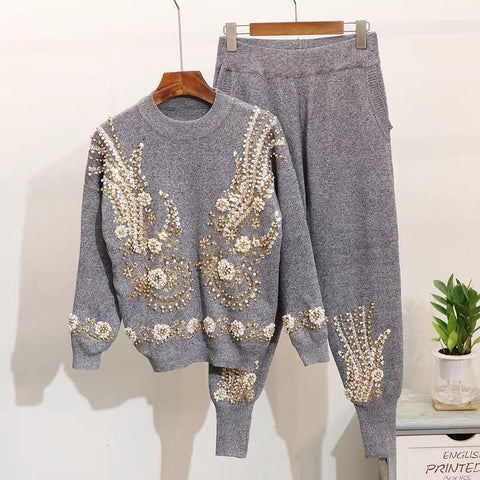 Heavy work beaded sequin embroidery  sweater pants suit CODE: READY708