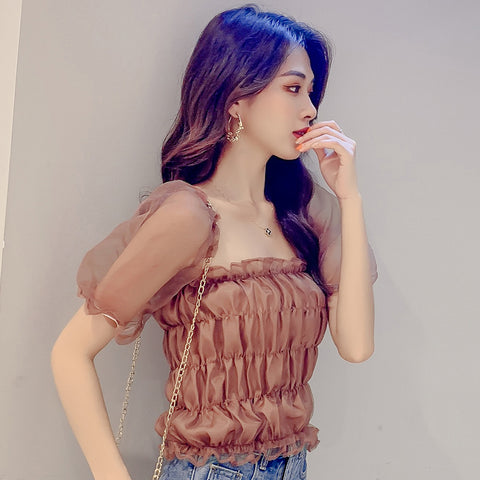 Pleated thin mesh Puff sleeved top CODE:  READY776