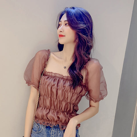 Pleated thin mesh Puff sleeved top CODE:  READY776
