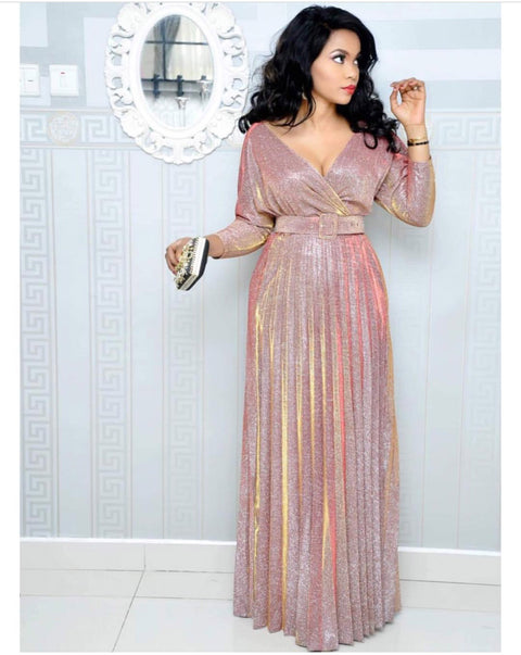 Colorful hot pleated mid-sleeve long dress CODE: READY802