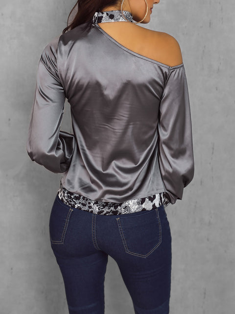 One-shoulder snakeskin print T-shirt top CODE: READY806