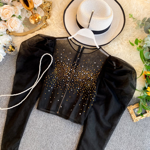 Sexy Puff Sleeve Round Neck, Short Style, with Rhinestones Crop Top CODE: READY870
