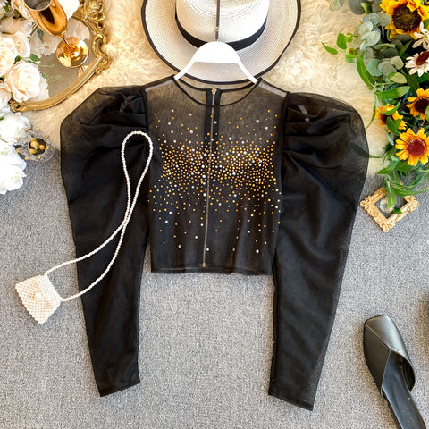 Sexy Puff Sleeve Round Neck, Short Style, with Rhinestones Crop Top CODE: READY870