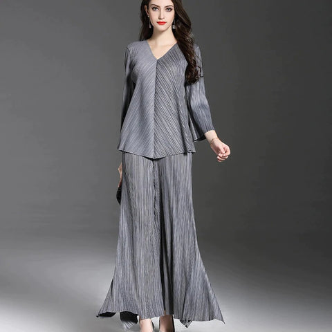 Long Sleeve Top, Wide Legs, Solid Pleated Two Piece Set CODE: READY901