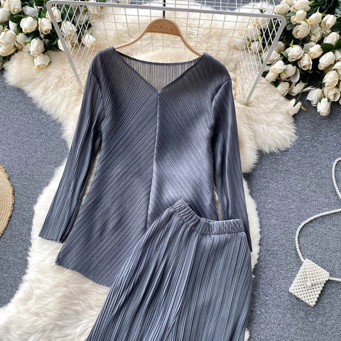 Long Sleeve Top, Wide Legs, Solid Pleated Two Piece Set CODE: READY901