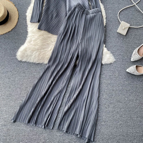 Long Sleeve Top, Wide Legs, Solid Pleated Two Piece Set CODE: READY901