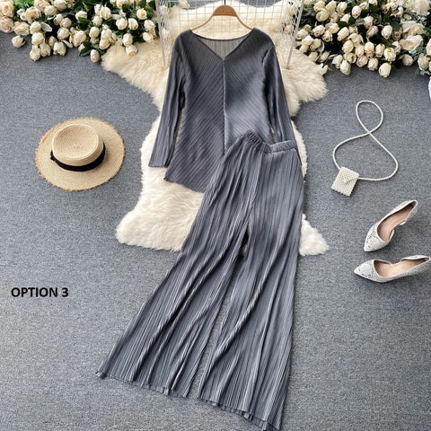 Long Sleeve Top, Wide Legs, Solid Pleated Two Piece Set CODE: READY901