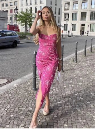 Embroidery Cropped Corset Pleated Slit Zipper Skirt Sexy Two Piece Set CODE: READY917
