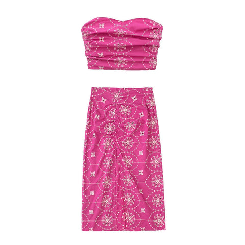 Embroidery Cropped Corset Pleated Slit Zipper Skirt Sexy Two Piece Set CODE: READY917