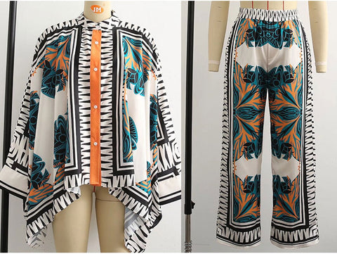Print Batwing Sleeve Shirt With Loose Wide Leg Pant CODE: READY936