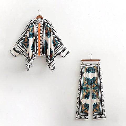Print Batwing Sleeve Shirt With Loose Wide Leg Pant CODE: READY936