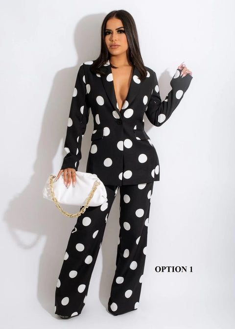 Elegant Style Autumn Polka Dot Notched Wide Leg Pant 2pcs CODE: READY973