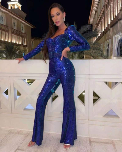 Long-sleeved sequined belt mopping jumpsuit CODE: READY974