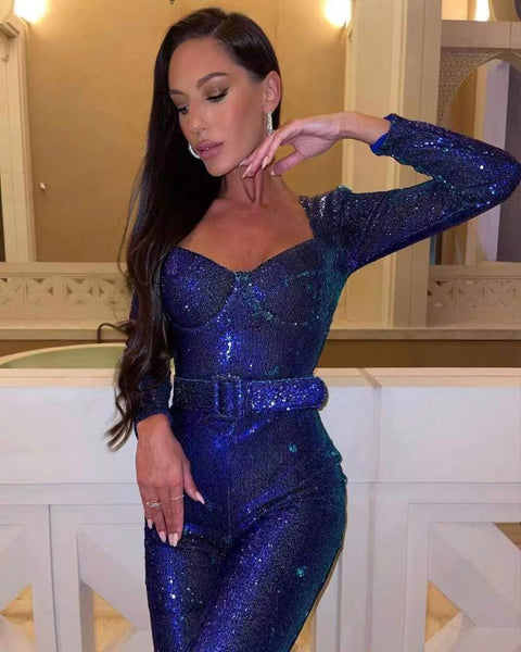Long-sleeved sequined belt mopping jumpsuit CODE: READY974