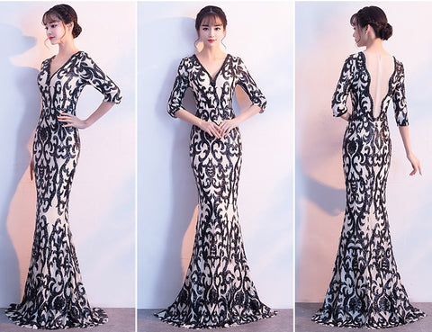 Deep V Sleeve Fashion Fishtail Sequin Long party Dress CODE: mon1037