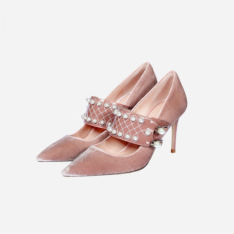 pointed velvet pearl high heel Shoes CODE: mon1236