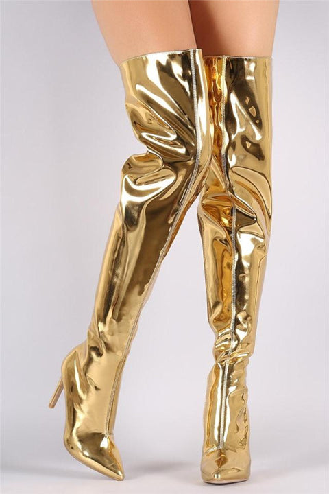 knee boots silver mirror bright leather Heels CODE: mon1369