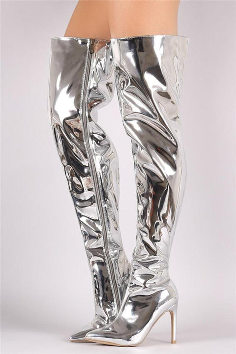 knee boots silver mirror bright leather Heels CODE: mon1369