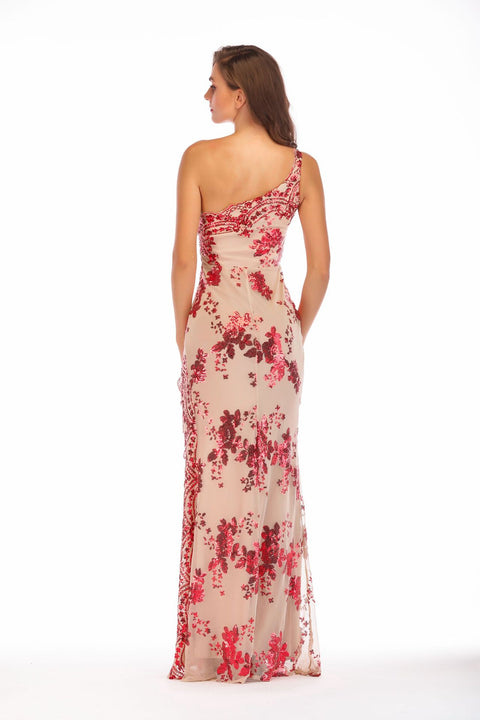 sexy Sequins One shoulder high slit long dress CODE: mon1453