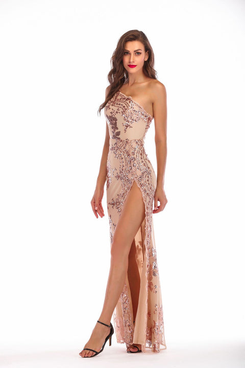 sexy Sequins One shoulder high slit long dress CODE: mon1453