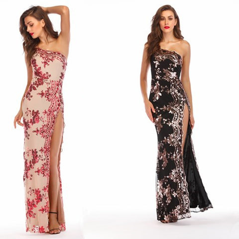 sexy Sequins One shoulder high slit long dress CODE: mon1453