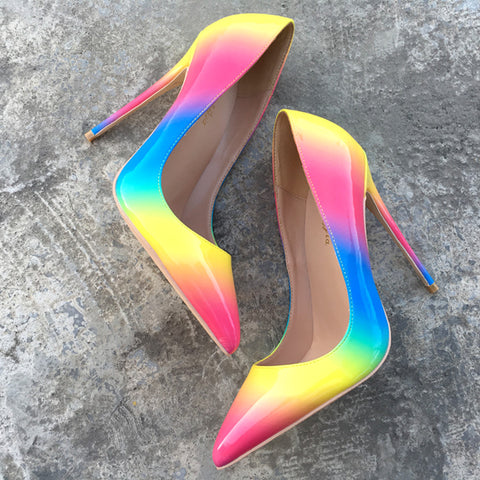 Sexy rainbow paint pointed high heels shallow mouth shoes CODE: mon1465