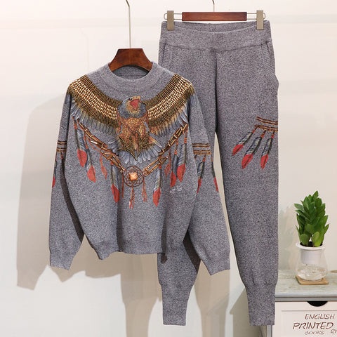 Eagle print knit casual pants suit CODE: mon1654