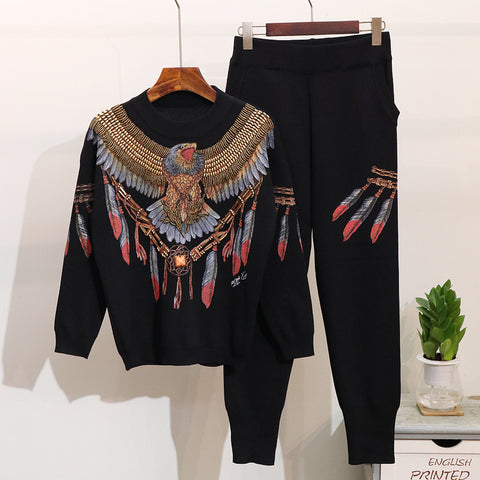 Eagle print knit casual pants suit CODE: mon1654