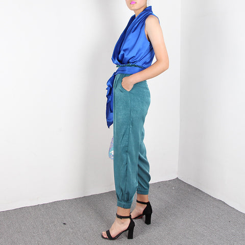V-neck sleeveless top & tie harem pants two-piece suit  CODE: mon1687