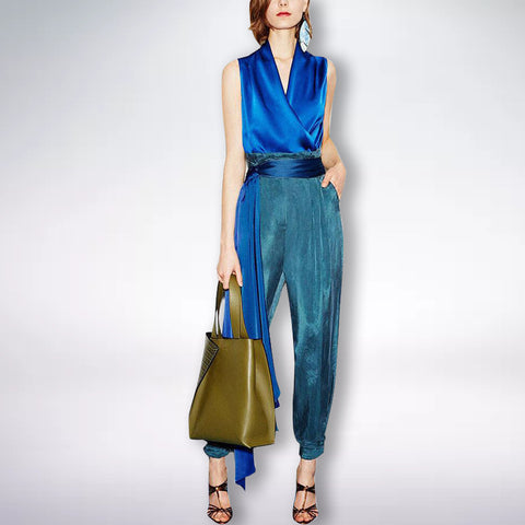 V-neck sleeveless top & tie harem pants two-piece suit  CODE: mon1687