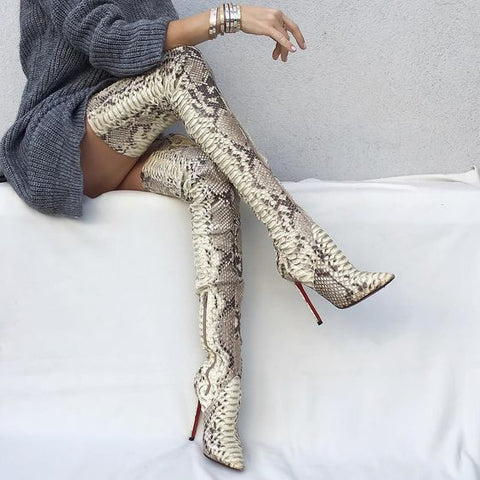 Snake pattern knee pointed sexy high heel boots CODE: mon1728