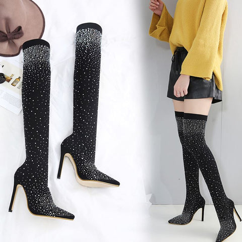 Pointed tube socks high heel luxury rhinestone knee boots CODE: mon1750