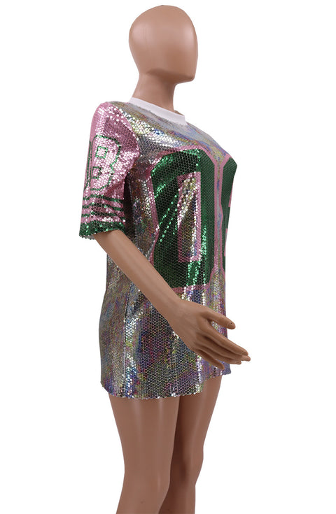 Round neck short-sleeved sequin dress CODE: mon1762