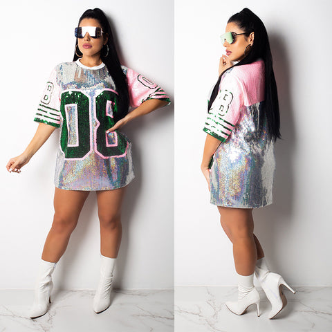 Round neck short-sleeved sequin dress CODE: mon1762
